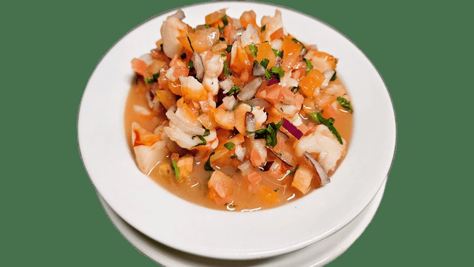 Menu page with seafood dishes and Salvadoran favorites.