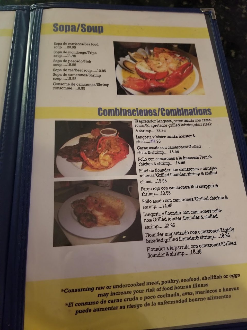 Sections for juices, ceviche, and fajitas.