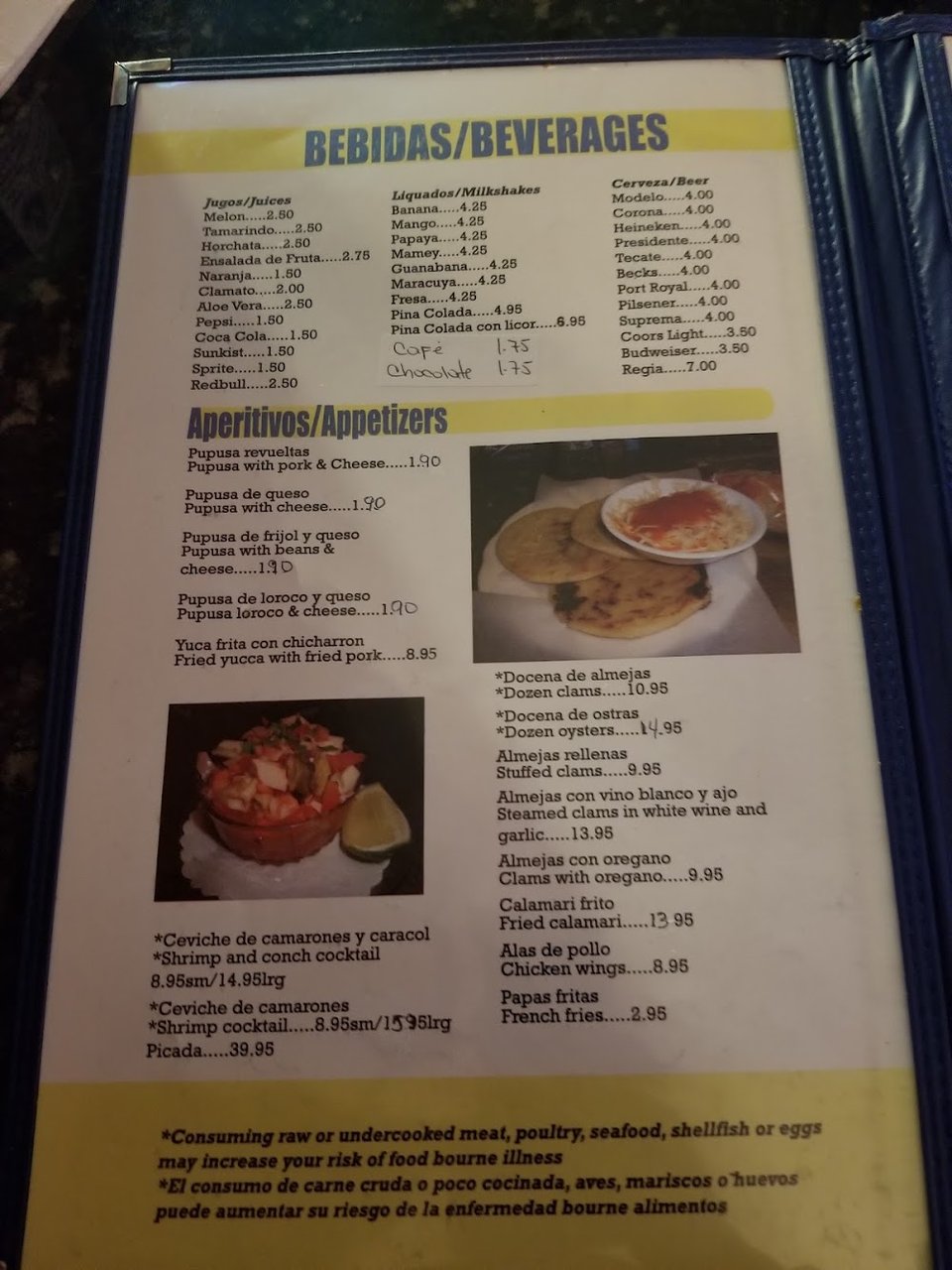 Close-up of menu items listed in clear type.