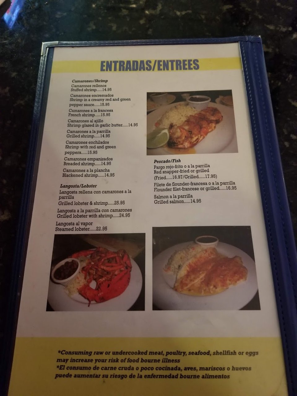 Printed menu showing ceviche, fajitas, and drinks.